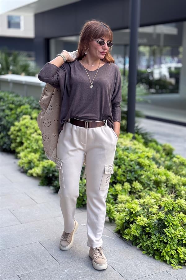 Zımba Taş Detaylı Fisto Cepli Modal Pantolon Bej Renk