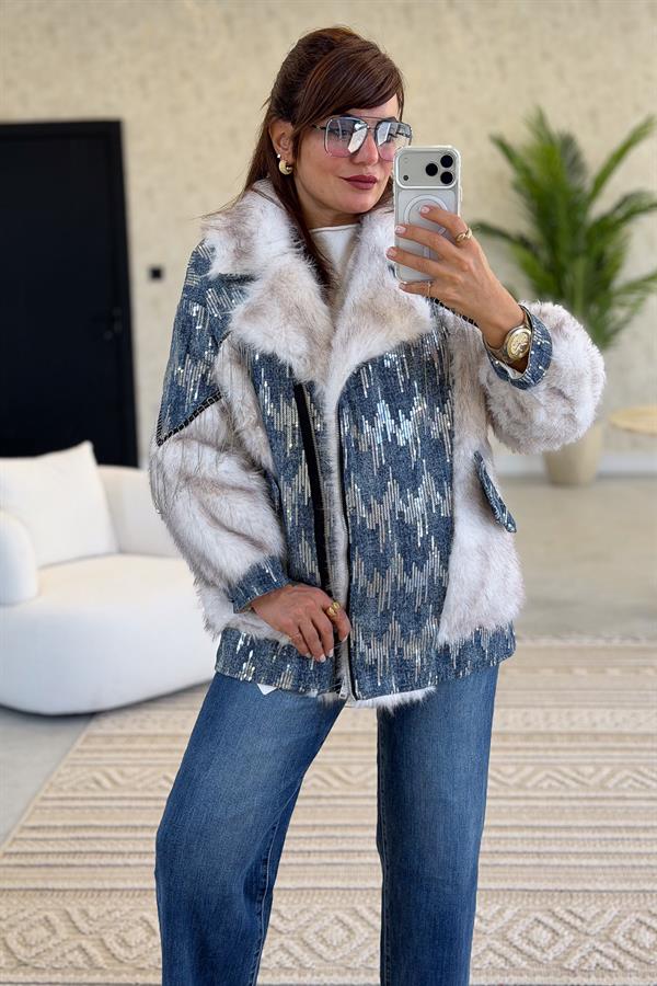 Zincir Detaylı Kürk Mont Mavi Renk