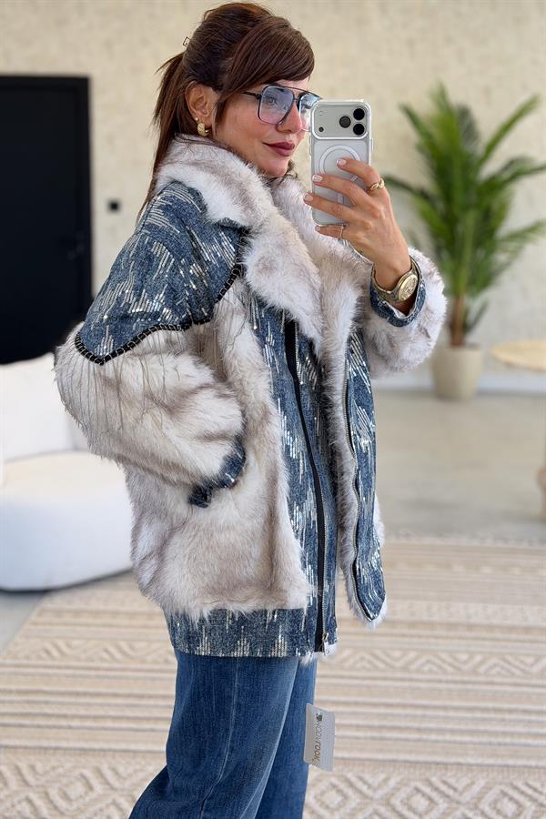 Zincir Detaylı Kürk Mont Mavi Renk