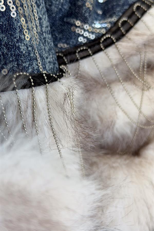 Zincir Detaylı Kürk Mont Mavi Renk