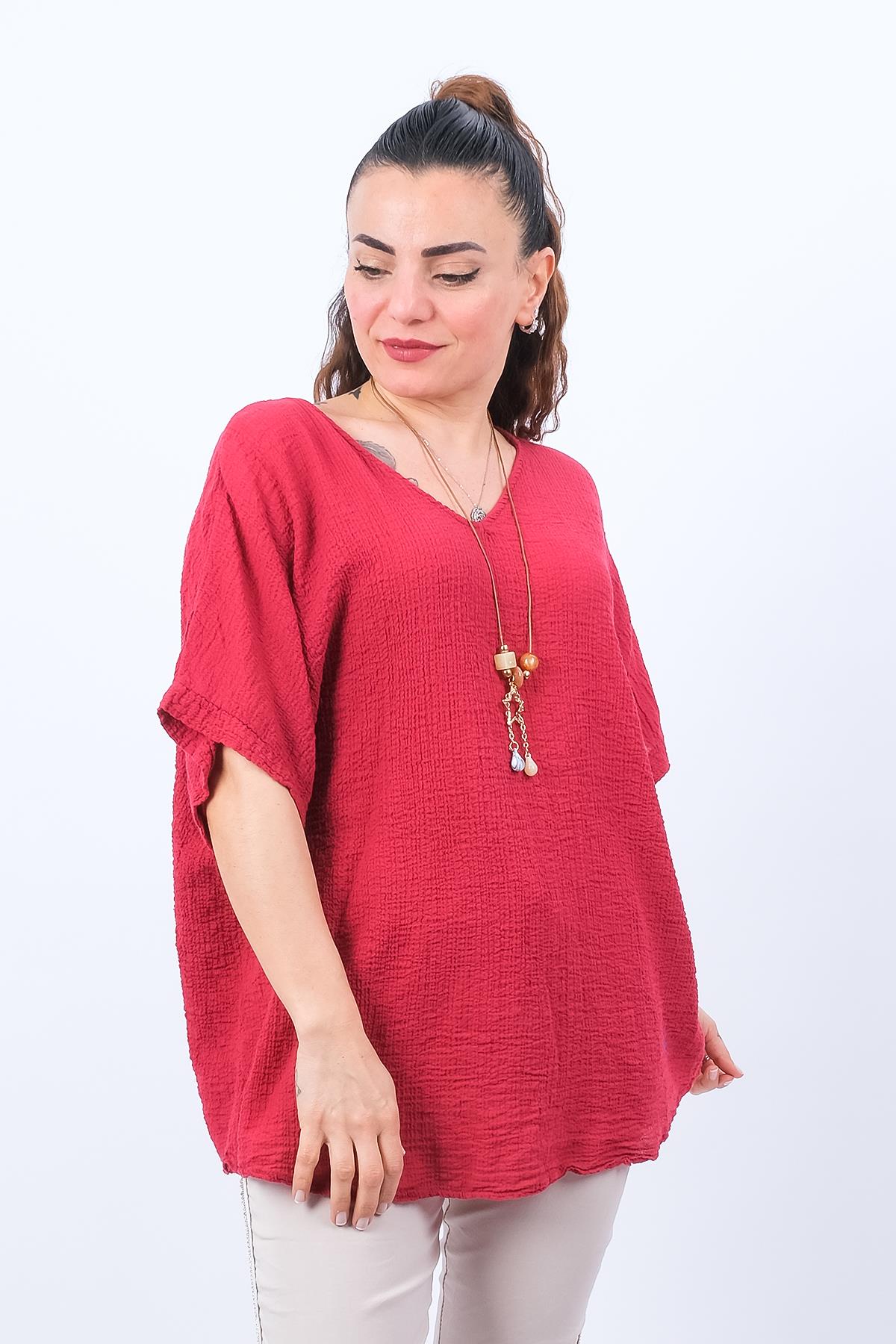 Bürümcük Kumaş V Yaka Bluz Kırmızı Renk | Modalook