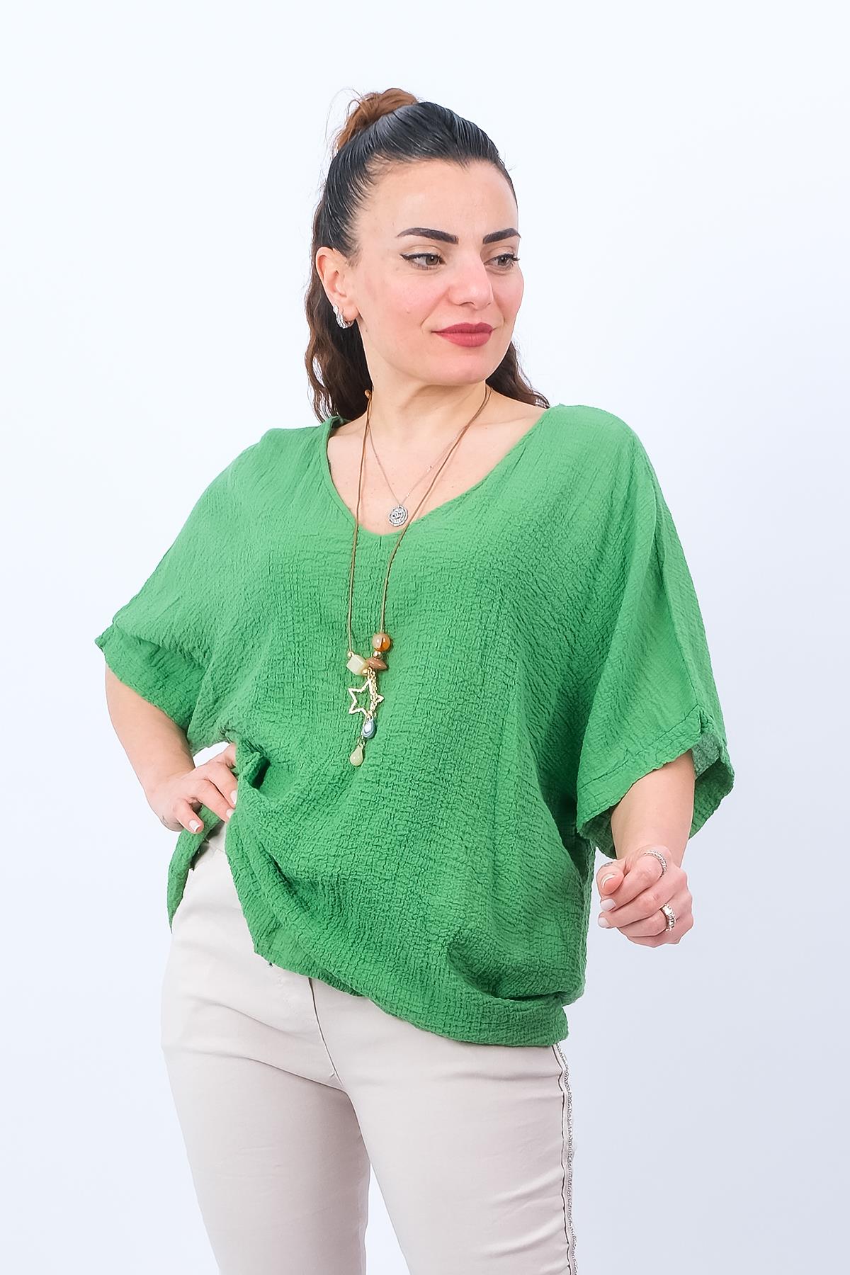 Bürümcük Kumaş V Yaka Bluz Yeşil Renk | Modalook