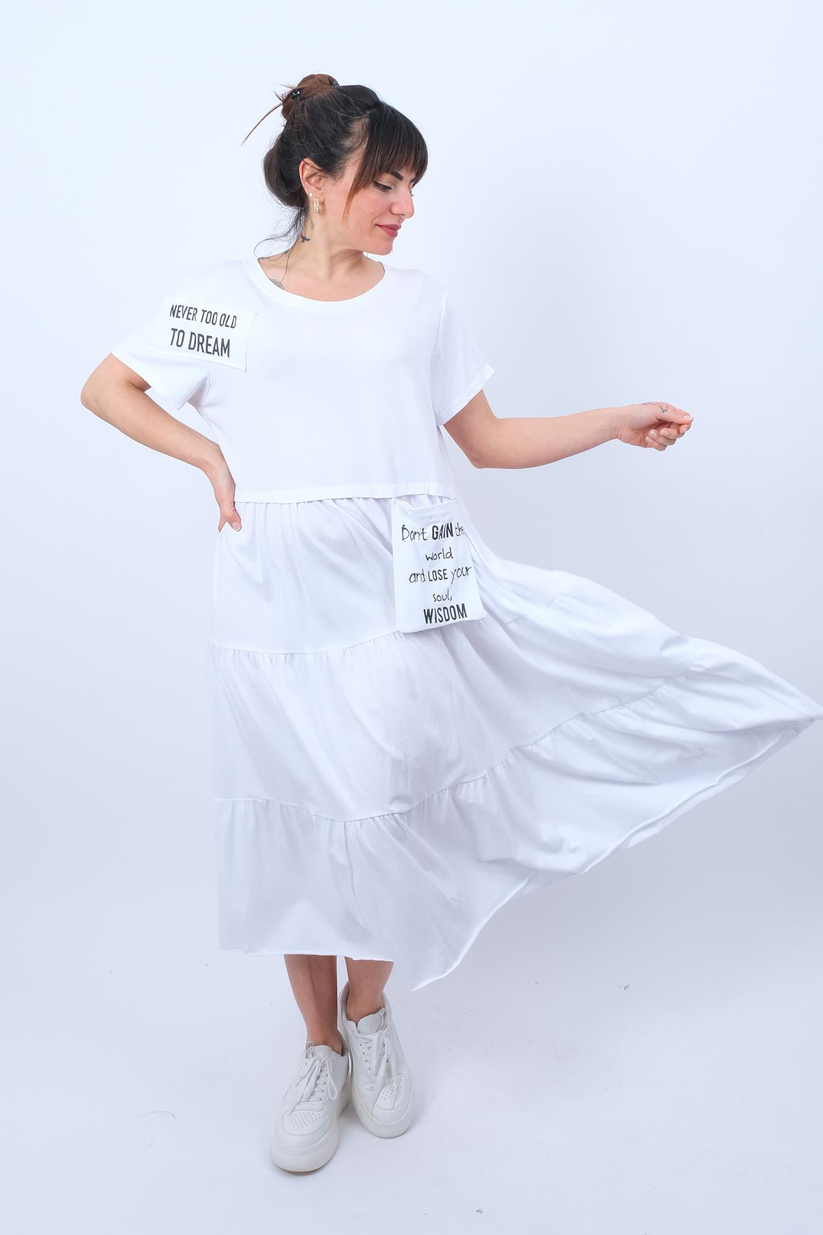 Yazı Detaylı Yuvarlak Yakalı Penye Elbise Beyaz Renk | Modalook