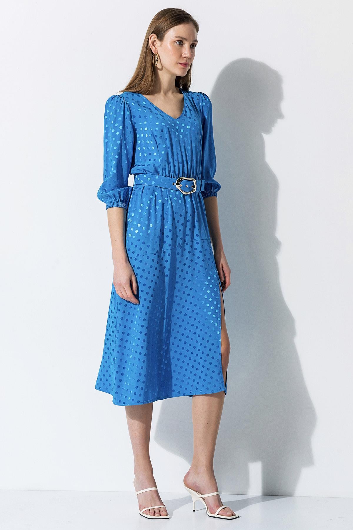 Kendinden Kemerli Puantiyeli Elbise