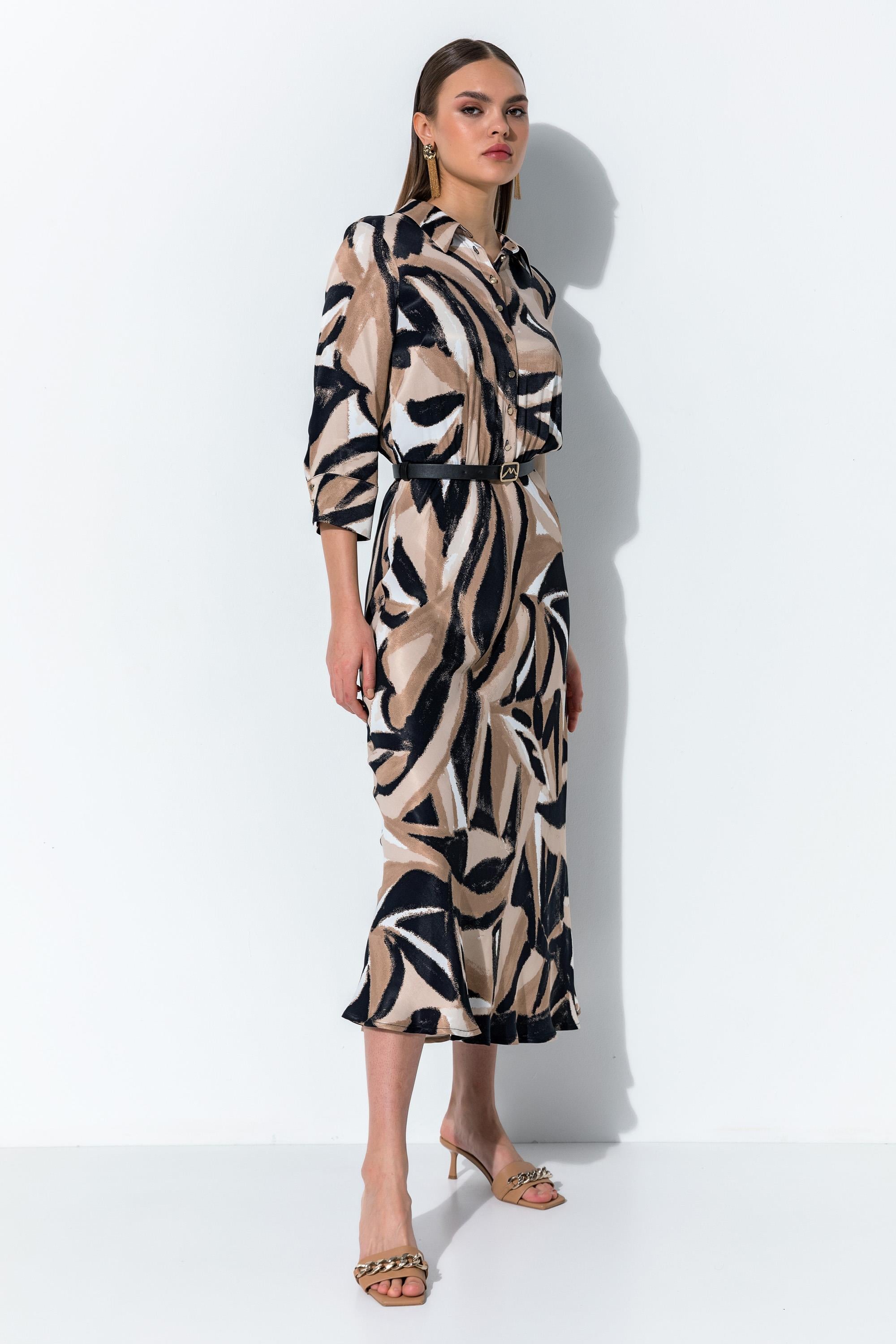 Kendinden Kemerli Desenli Midi Boy Elbise