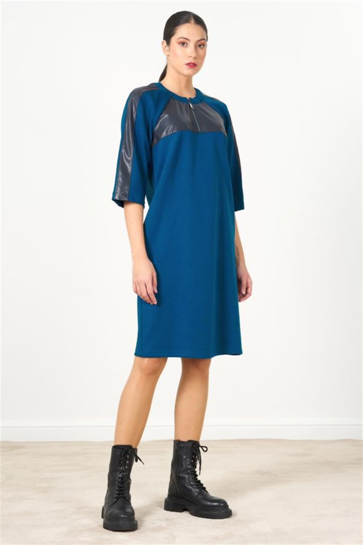 Lacivert Deri Detaylı Günlük Elbise - Miss Lilium Concept