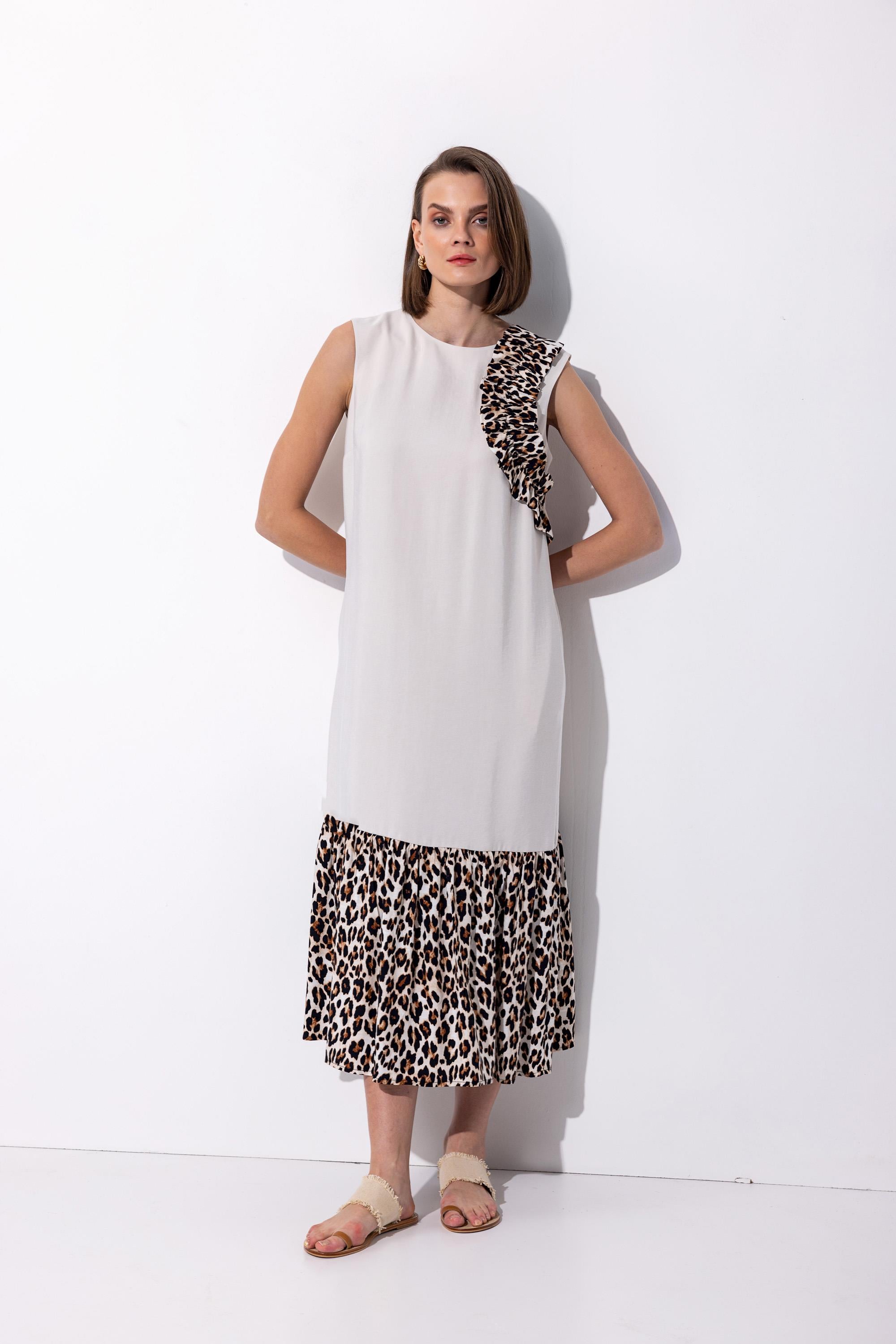 Leopar Desenli Midi Boy Elbise