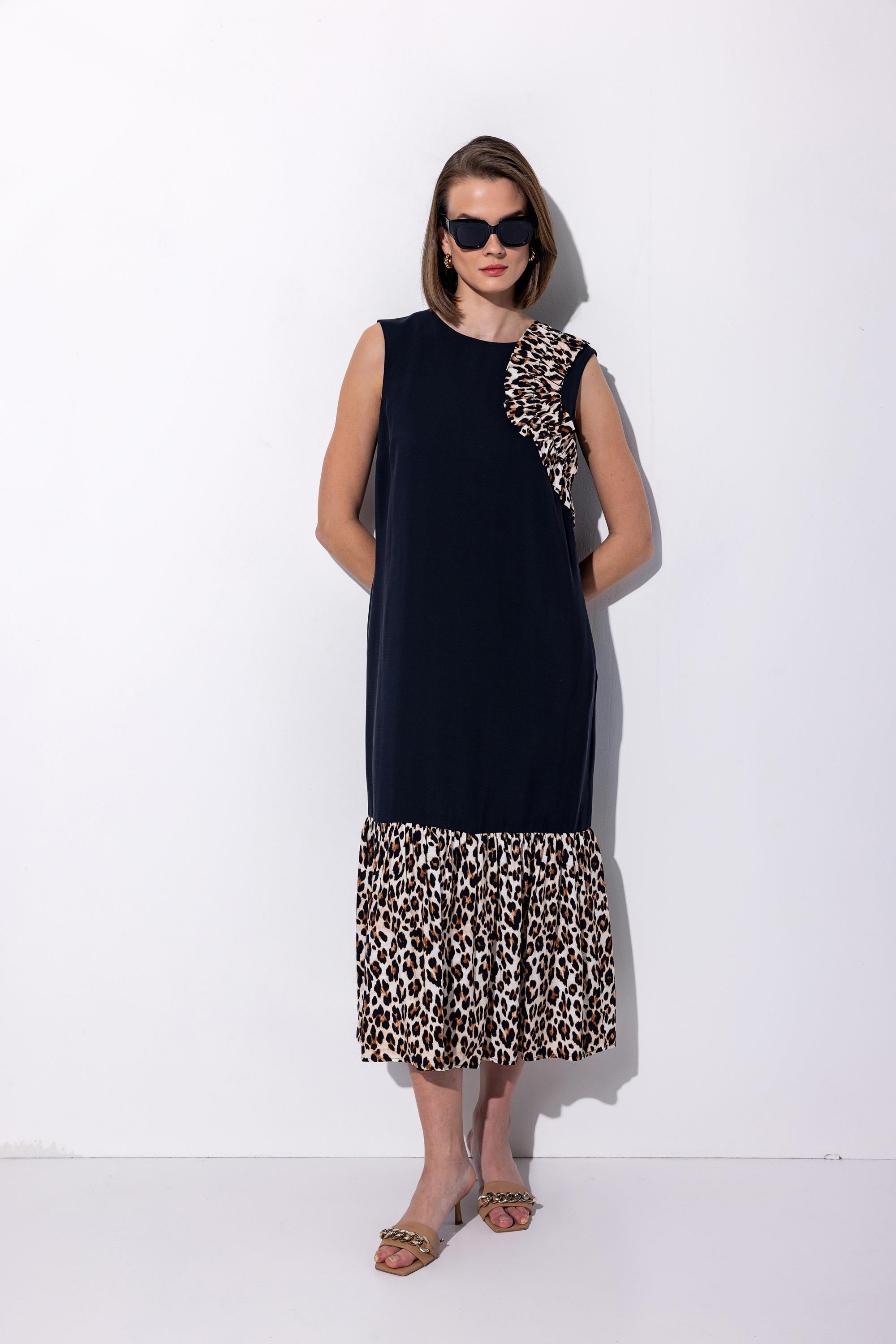 Leopar Desenli Midi Boy Elbise