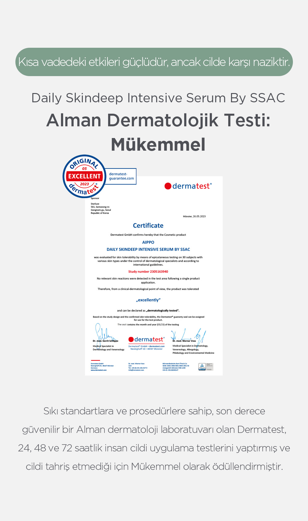 Dermatest Mükemmel sertifikası — Daily Skindeep Intensive Serum