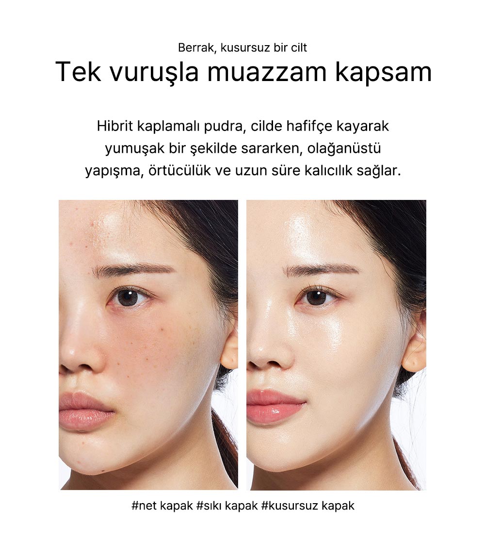Dear Glam Cushion önce/sonra kapatıcılık görseli — tek vuruşta muazzam örtü ve parlak cilt