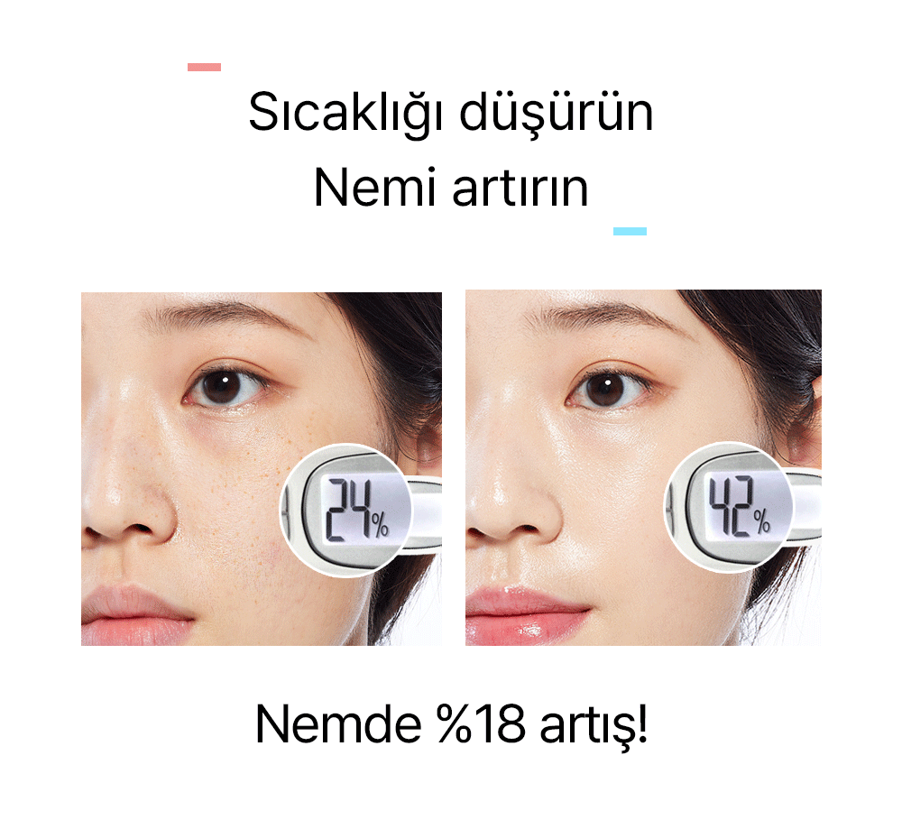 Dear Glam Cushion nem artışı animasyonu — sıcaklık düşürme ve %18 nem artışı
