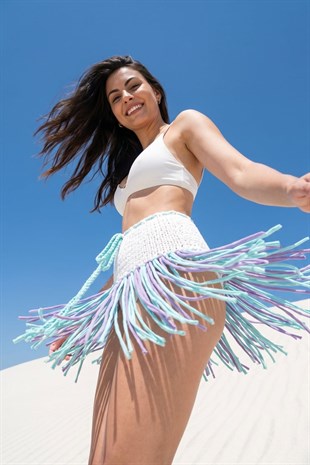 ACR Craft Beyaz Mavi Püsküllü El Örgüsü Mini Etek