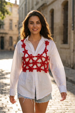 ACR Craft Kırmızı Çiçekli  El Örgüsü Crop Top 