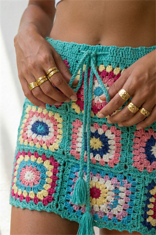 ACR Craft Mavi Motifli El Örgüsü Mini Etek