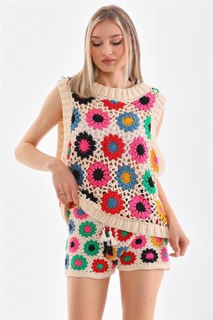 ACR Craft Studio Renkli Örgü Şort - Bluz Takım