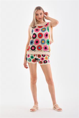 ACR Craft Studio Renkli Örgü Şort - Bluz Takım