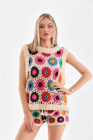 ACR Craft Studio Renkli Örgü Şort - Bluz Takım