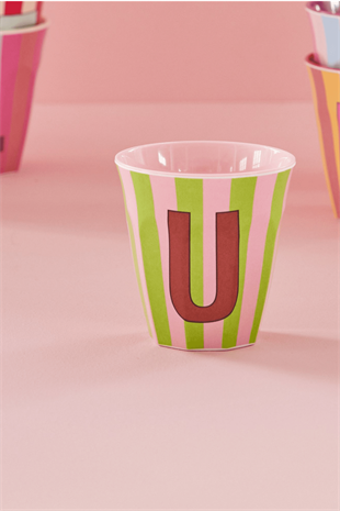 Rice Melamine Striped Cup - Pink with Letter U, MELCU-ALPSTRUI