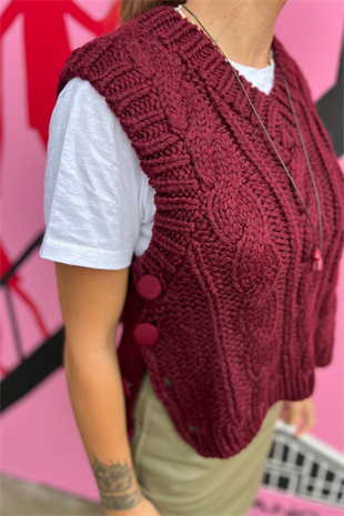 Yandan Düğmeli Bordo Süveter