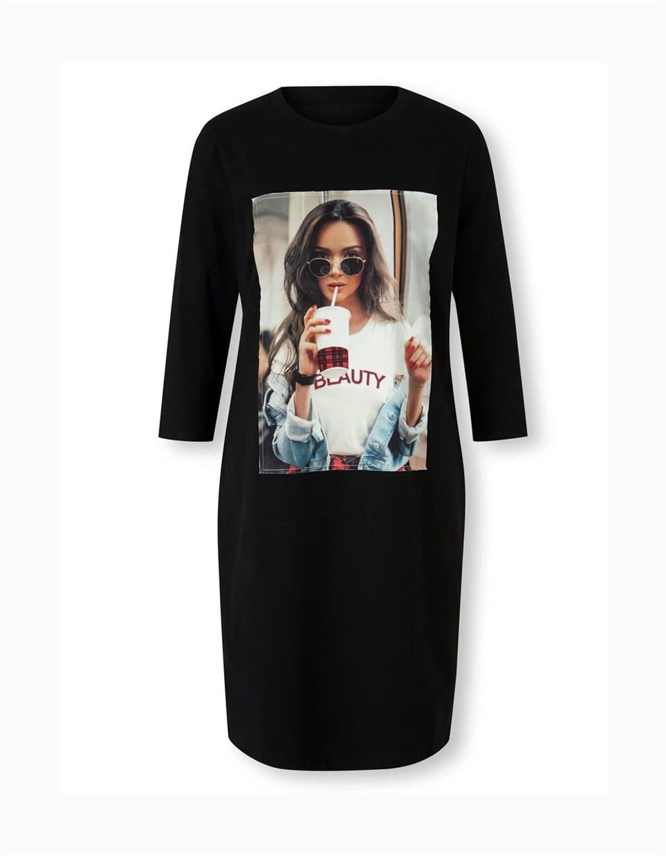 Baskılı Elbise - Siyah
