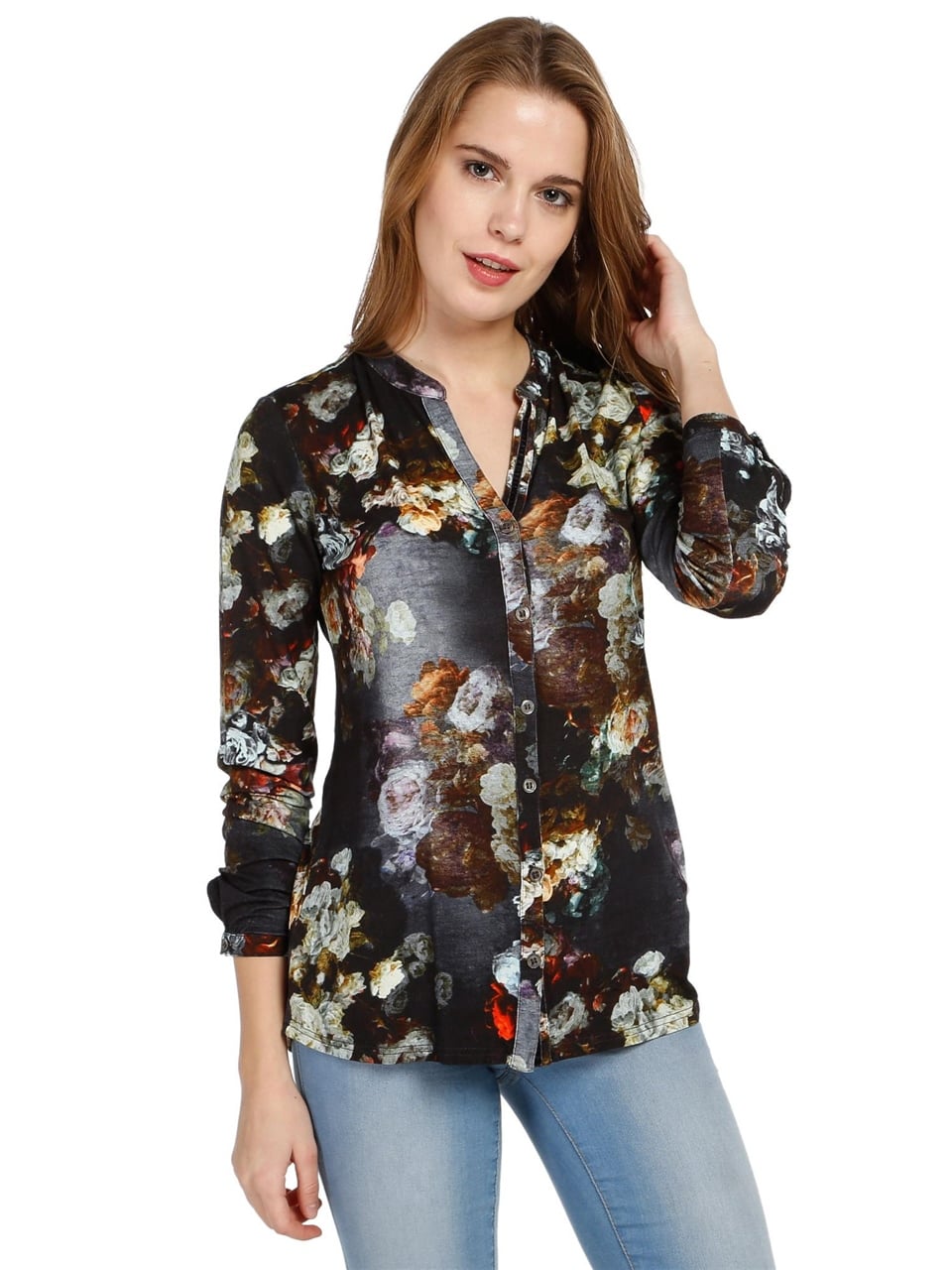 Çiçek Baskılı Gömlek - Lacivert