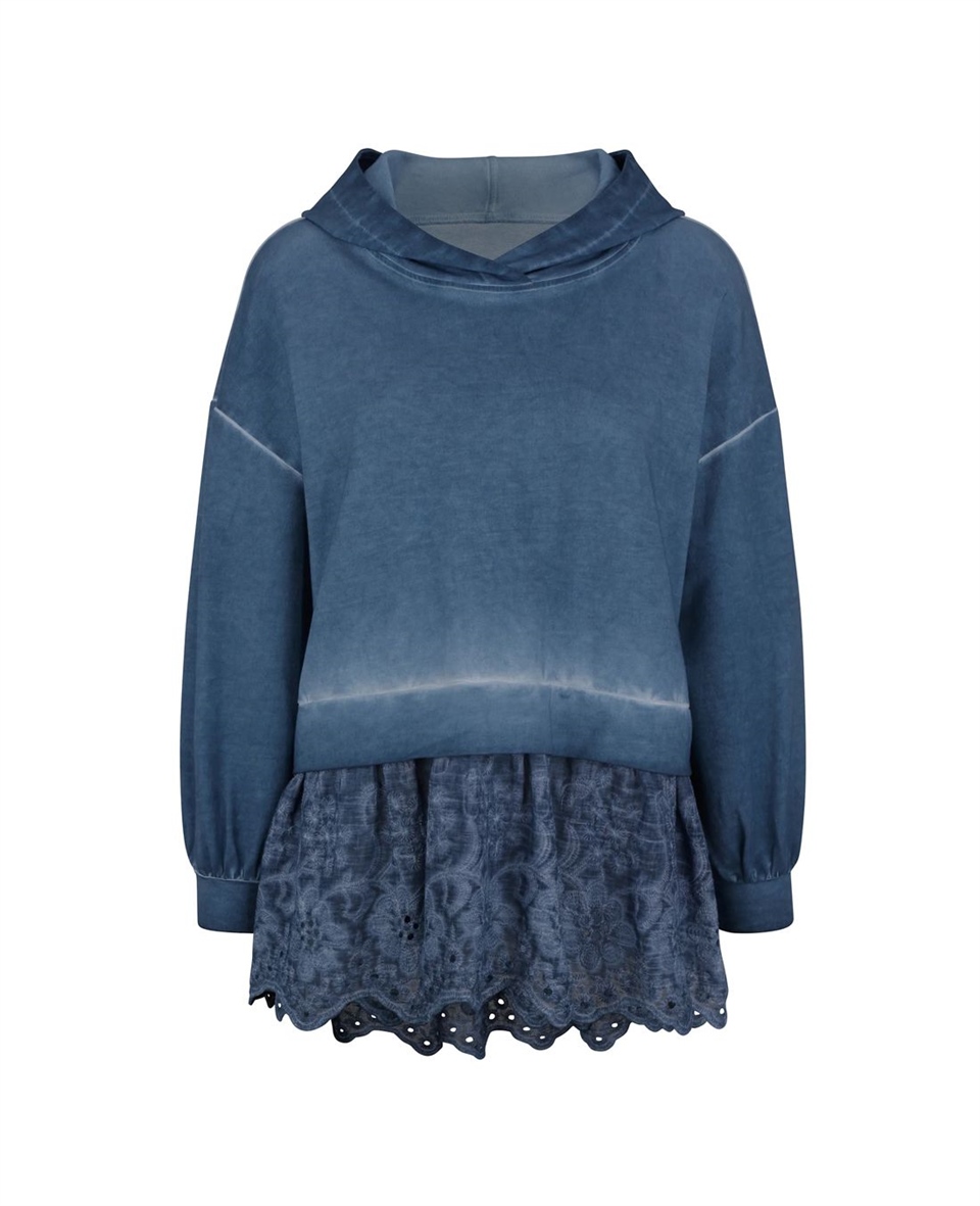 Dantelli Kapşonlu Sweatshirt - Mavi