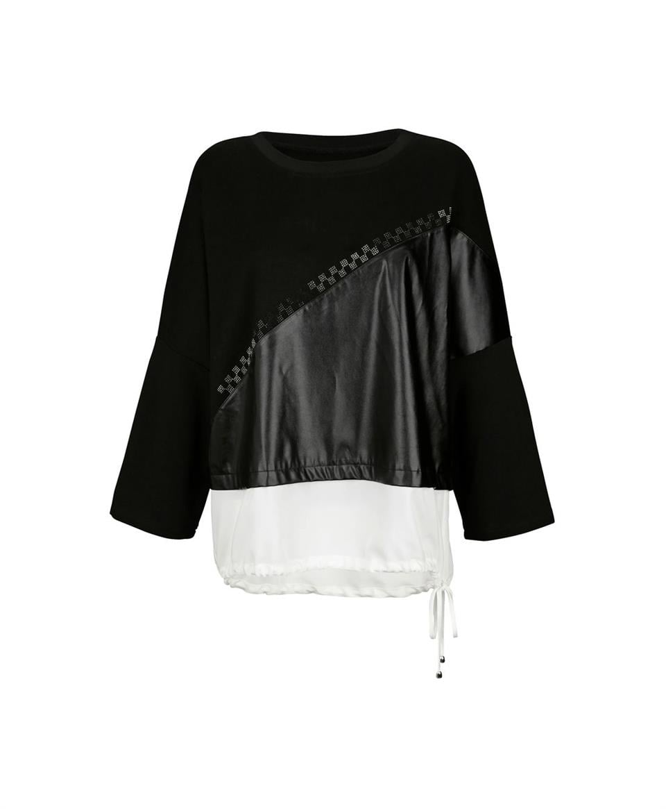 Deri Şifon İşleme Detaylı Bluz - Siyah