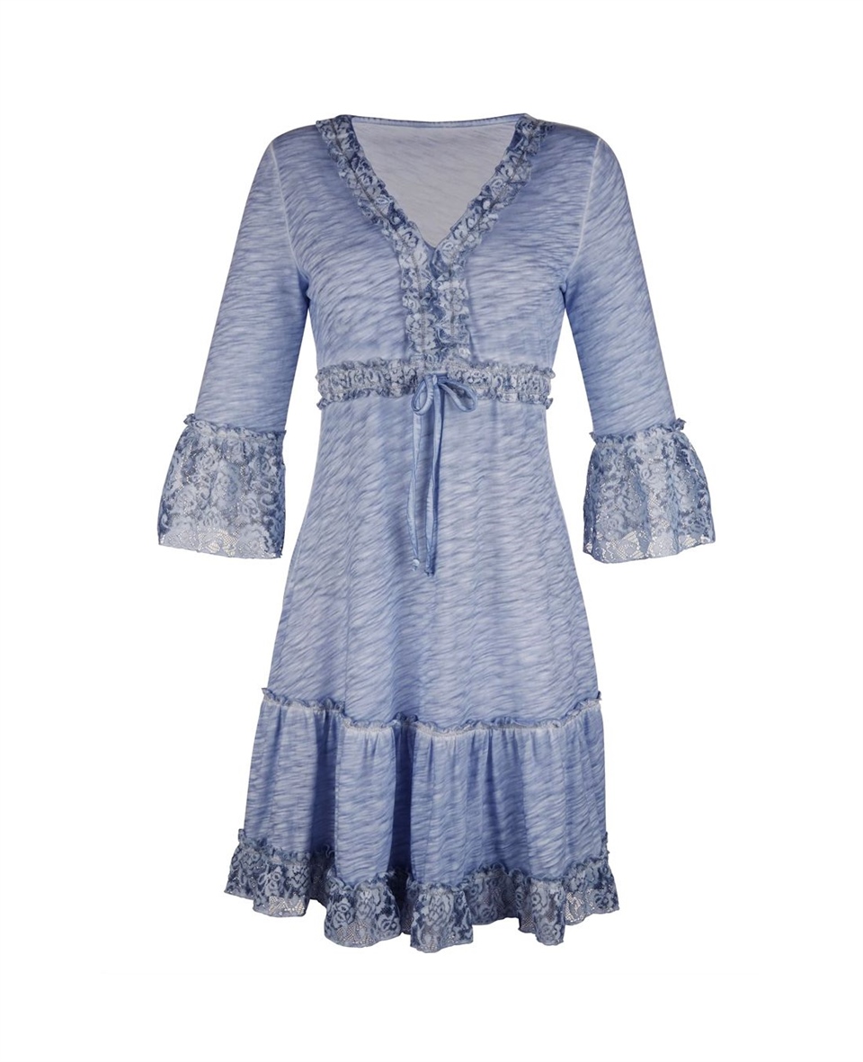 Jersey Dantelli Elbise - Mavi