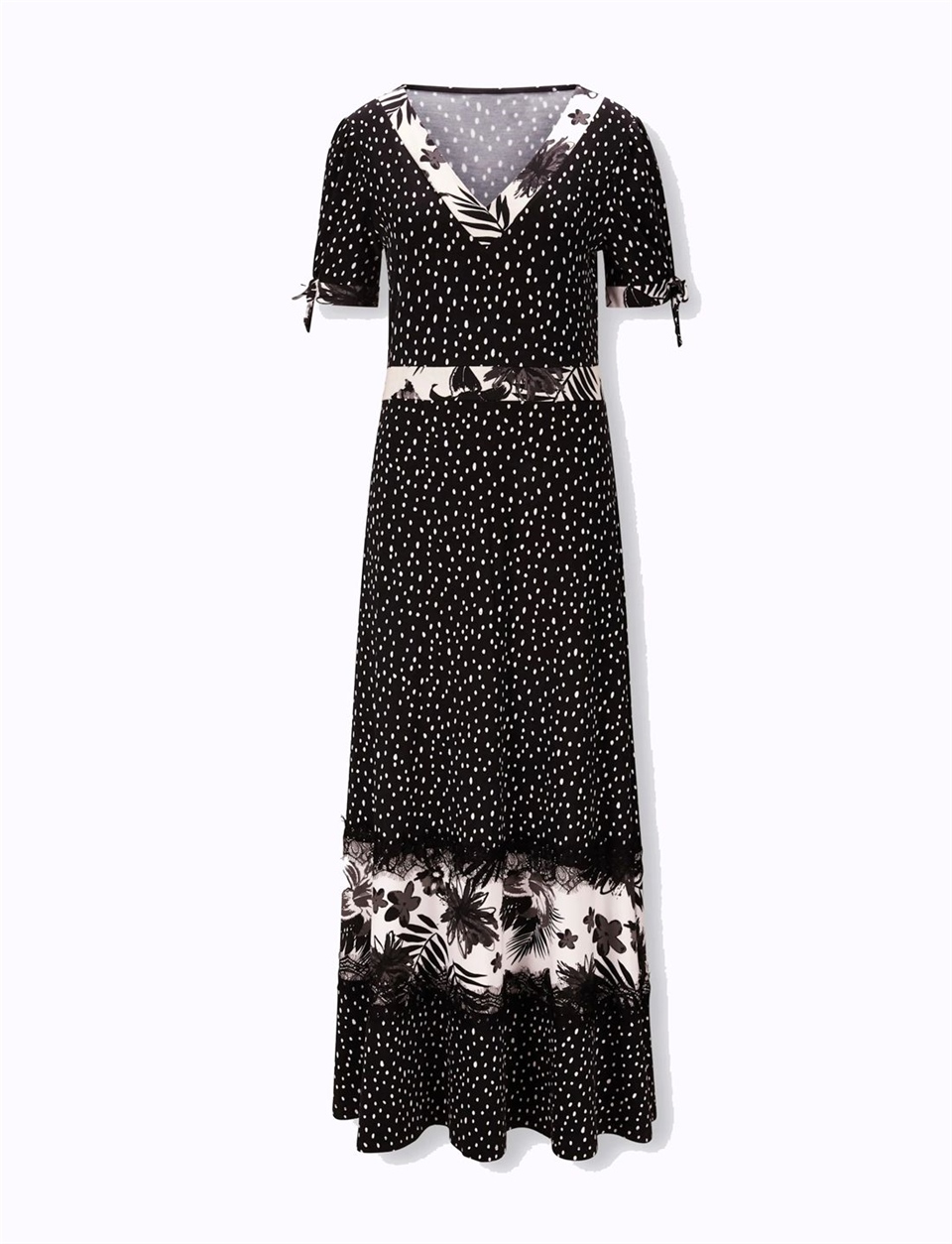 Maxi Dantelli Çiçek Baskılı Elbise - Siyah