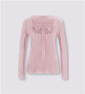 İşlemeli Tişört - Gül Kurusu