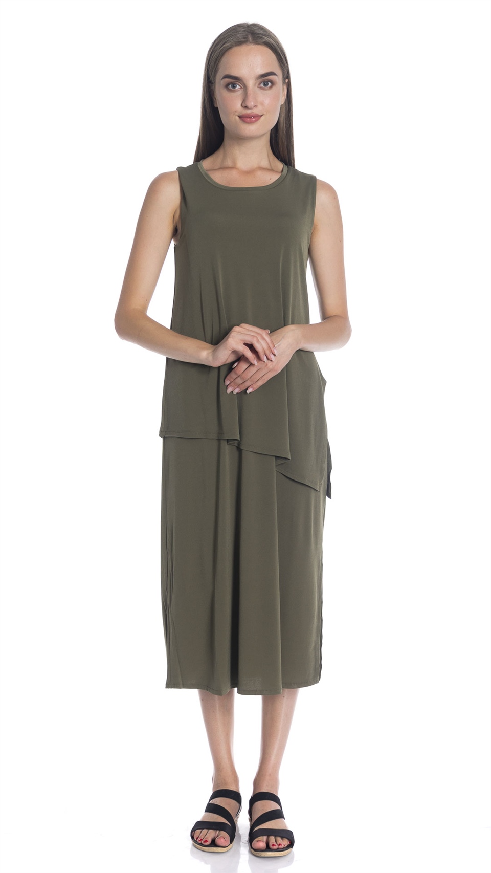 Casual Jersey Katlı Elbise  - Haki