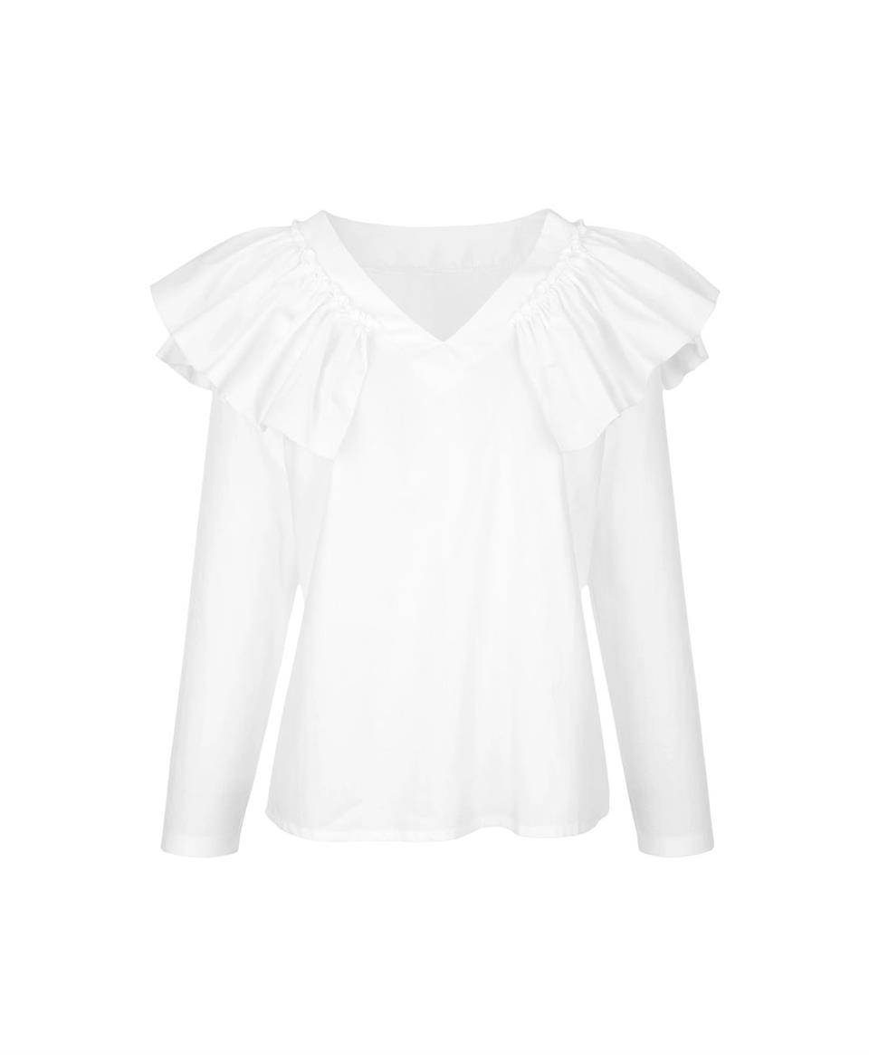 Fırfır Detaylı V Yaka Bluz - Beyaz