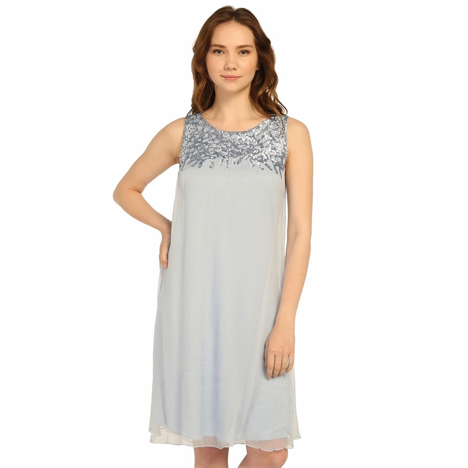 Payetli İpek Şifon Elbise - Mavi