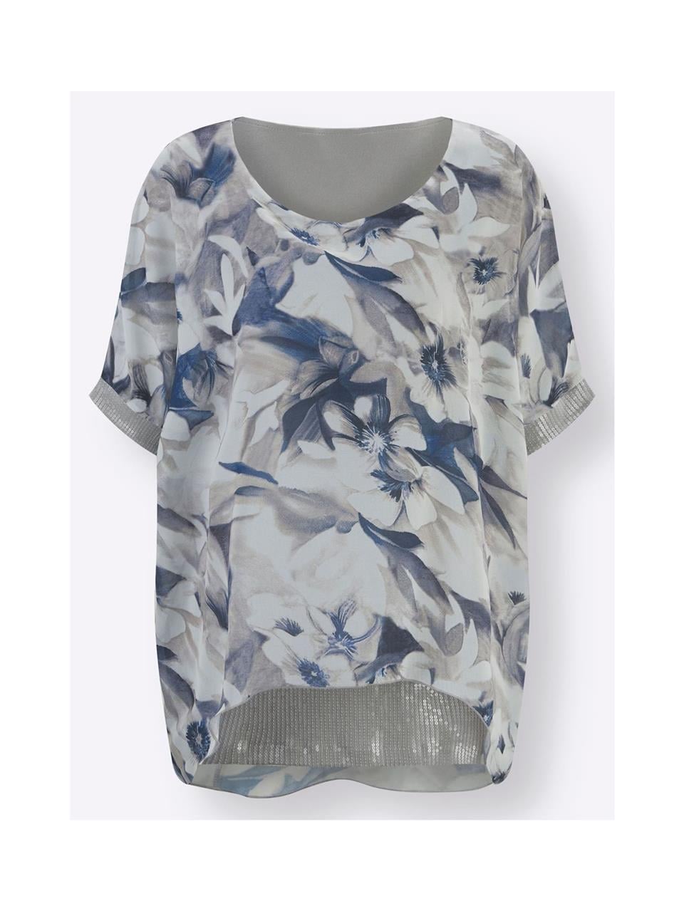 Uzun Payetli İpek Bluz - Baskılı