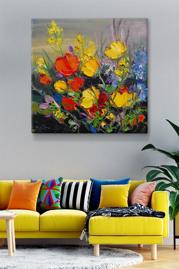 Sarı Turuncu Çiçekler-Sanatsal Yağlı Boya Mdf-Kanvas Tablo SNT253
