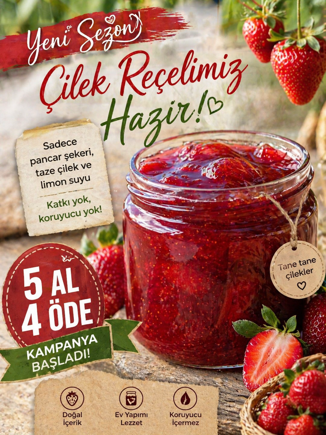 SEBOŞ'TAN 5 AL 4 ÖDE ÇİLEK REÇELİ 
