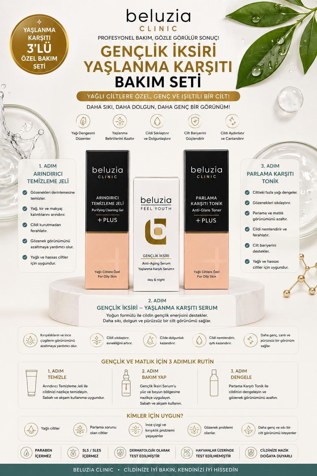 Beluzia  (KAMPANYA 3lü Set) Gençlik İksiri Lifting Serum Yağlı Cilt Arındırıcı Bakım Seti (Tonik+Jel)