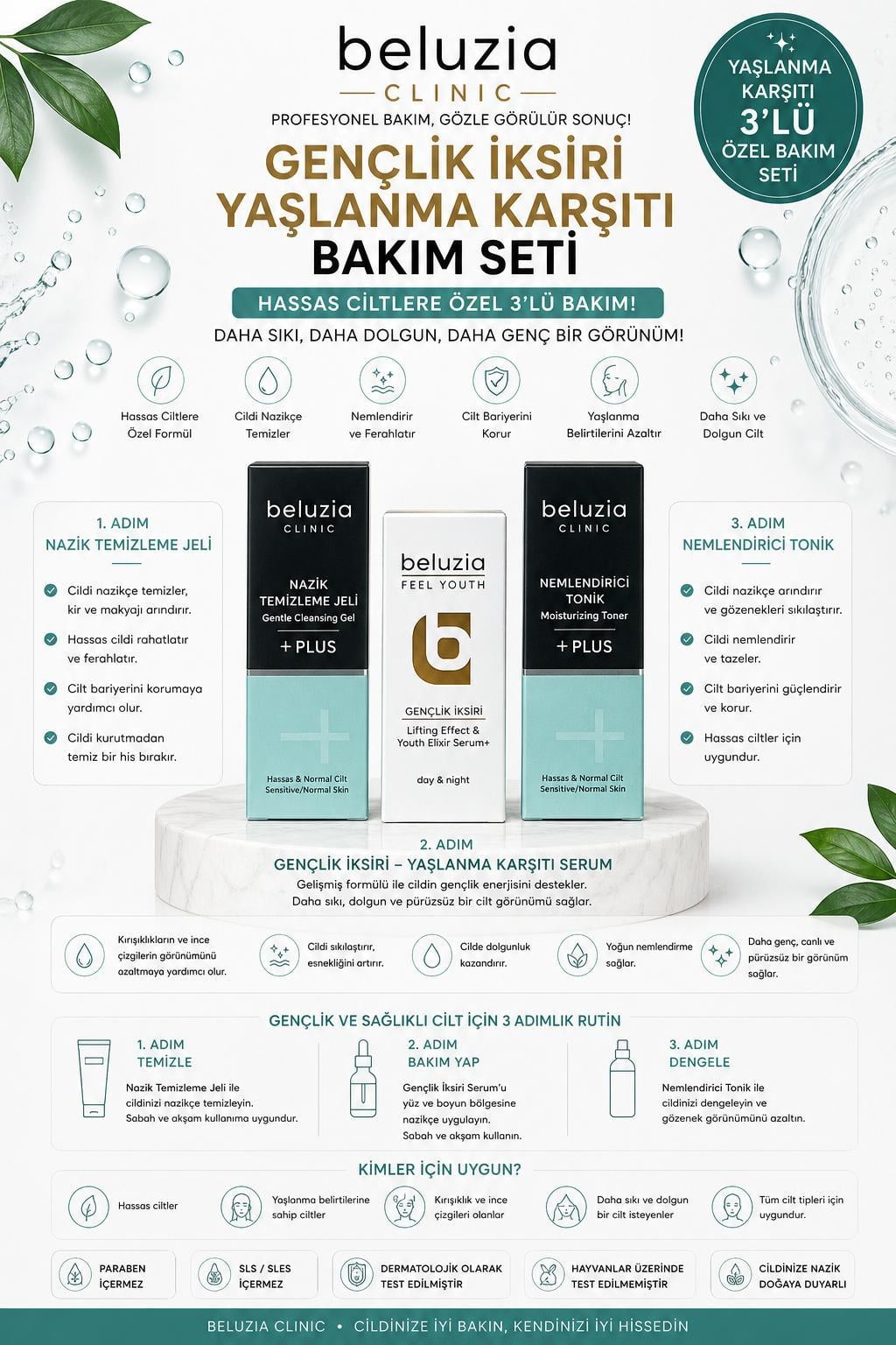 Beluzia  (KAMPANYA 3lü Set) Gençlik İksiri Serum Kuru-Hassas Cilt Bakım Seti (Tonik+Jel)