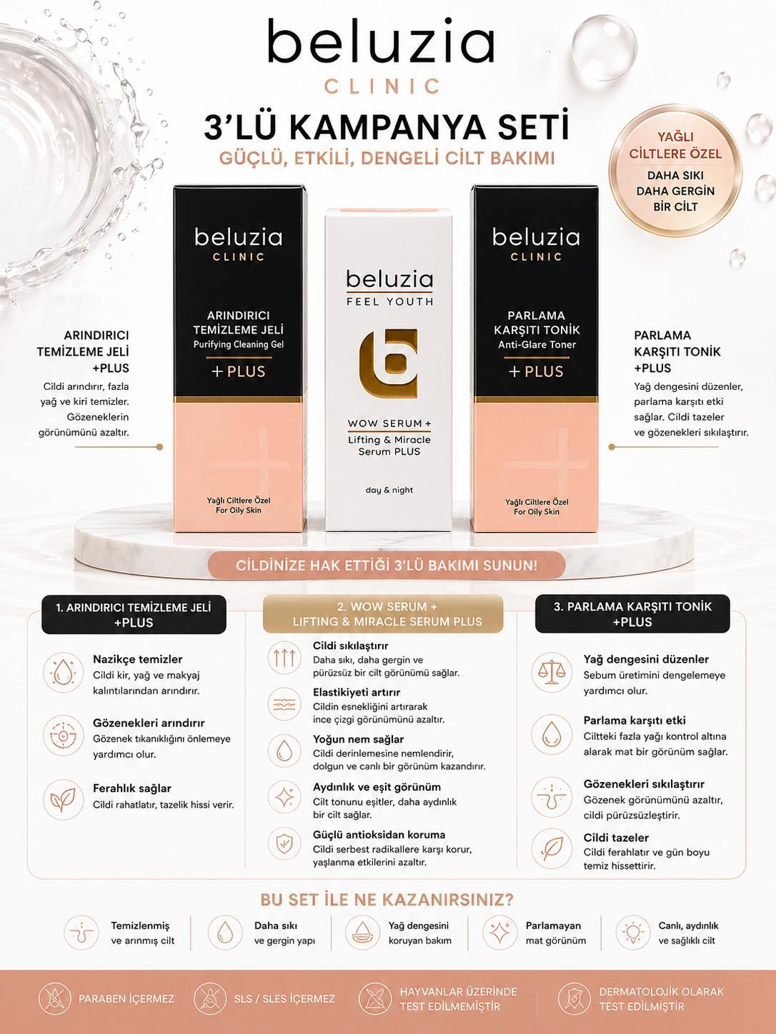 Beluzia (KAMPANYA 3lü Set) Wow Botoks Serum Yağlı Cilt Arındırıcı Bakım Seti (Tonik+Jel)