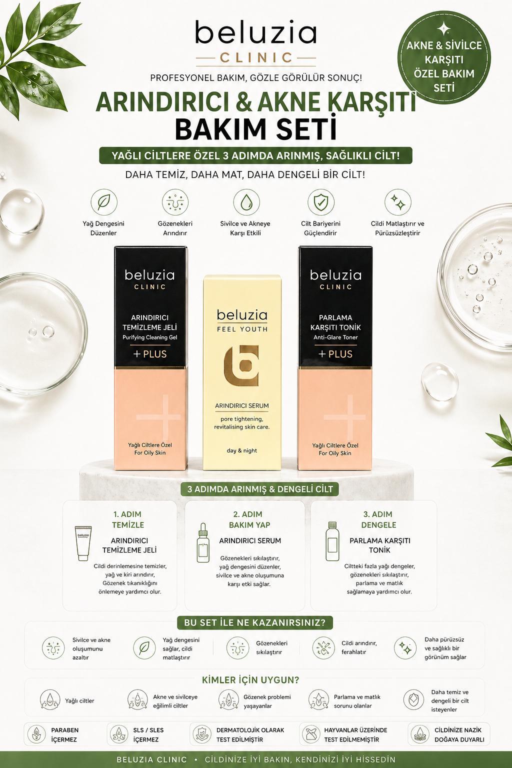 Beluzia (KAMPANYA 3lü Set) Arındırıcı Serum & Yağlı Cilt Bakım Seti (Tonik+Jel)