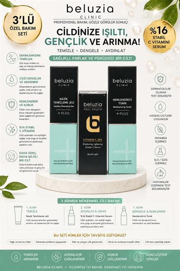 Beluzia (KAMPANYA 3lü Set) Vitamın C %16 Serum & Kuru-Hasas Nemlendirici Bakım Seti (Tonik+Jel)