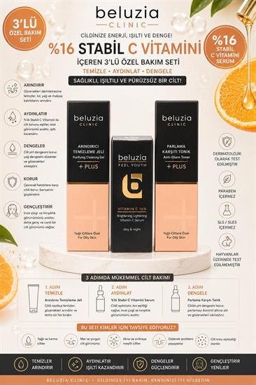 Beluzia  (KAMPANYA 3lü Set) Vitamın C %16 Serum Yağlı Cilt Arındırıcı Bakım Seti (Tonik+Jel)
