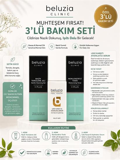 Beluzia (KAMPANYA 3lü Set) Leke Karşıtı & Aydınlatıcı Serum & Kuru-Hasas Nemlendirici Bakım Seti (Tonik+Jel)