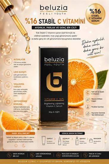 Beluzia  (KAMPANYA 3lü Set) Vitamın C %16 Serum Yağlı Cilt Arındırıcı Bakım Seti (Tonik+Jel)