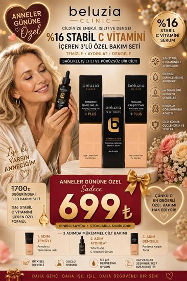 Beluzia  (KAMPANYA 3lü Set) Vitamın C %16 Serum Yağlı Cilt Arındırıcı Bakım Seti (Tonik+Jel)