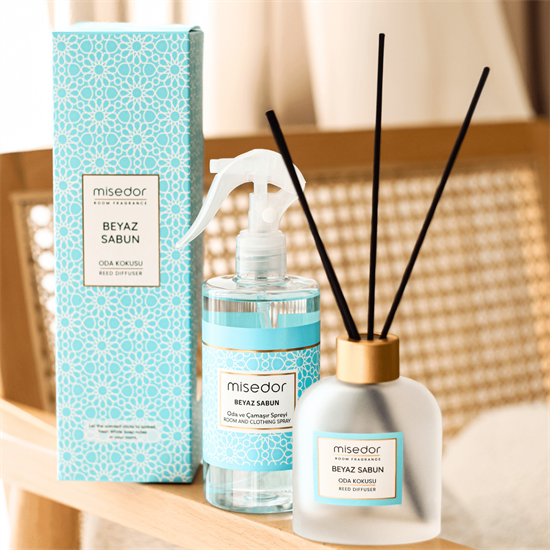 Misedor 2li Set Beyaz Sabun Çubuklu Oda Kokusu ve Oda Spreyi