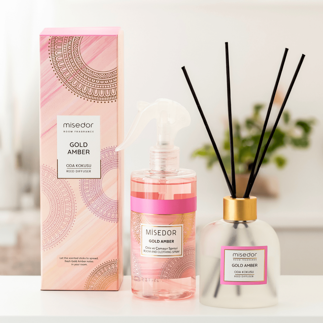 Misedor - Misedor 2'li Set Gold Amber Çubuklu Oda Kokusu ve Oda Spreyi