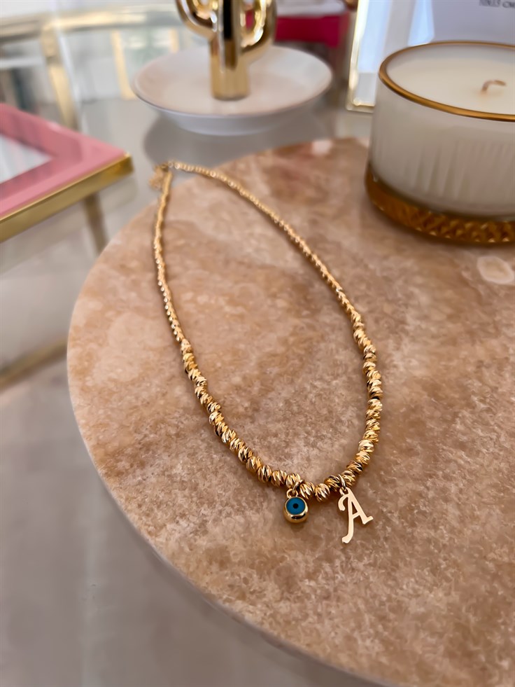 A Harfli ve Nazar Detaylı Dorika Kolye Gold