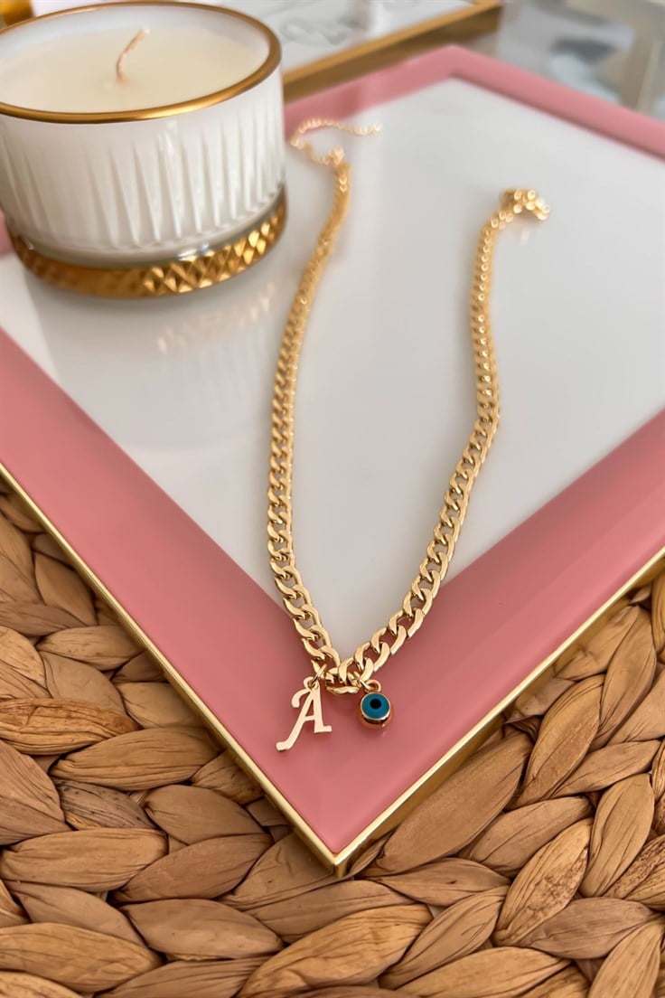 A Harfli ve Nazar Sallantılı İnce Nostalji Zincirli Kolye Gold