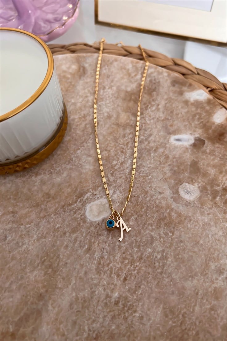 A Harfli ve Nazar Sallantılı İnce Zincirli Kolye Gold